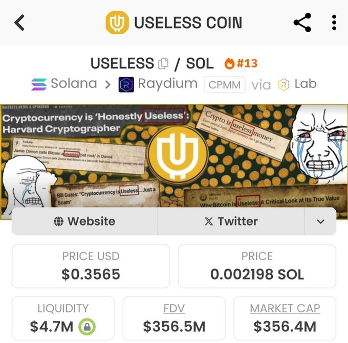 بيانات سوق عملة Useless تظهر سعر 0.3565 دولار وقيمة سوقية 356.4 مليون دولار