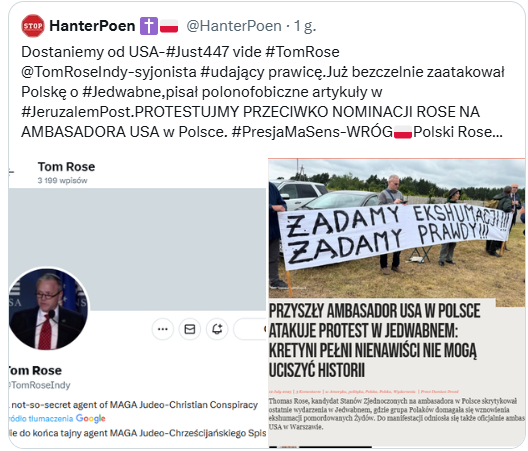 HanterPoen's tweet photo. @2Reniaanna29450 Dlatego Sz.Anno już dziś powinniśmy domagać się COFNIĘCIA NOMINACJI @TomRoseIndy na ambasadora USA w Polsce,który będzie gorszy od znienawidzonej przez Polaków. Będzie szczuć #Just447 #Mosbacher-szczuła #ŻydLGBT,ODWOŁAĆ Z FUNKCJI AMBASADORA USA W POLSCE RABINA-SYJONISTY-#TomRose- https://t.co/xLCQs4N5SE