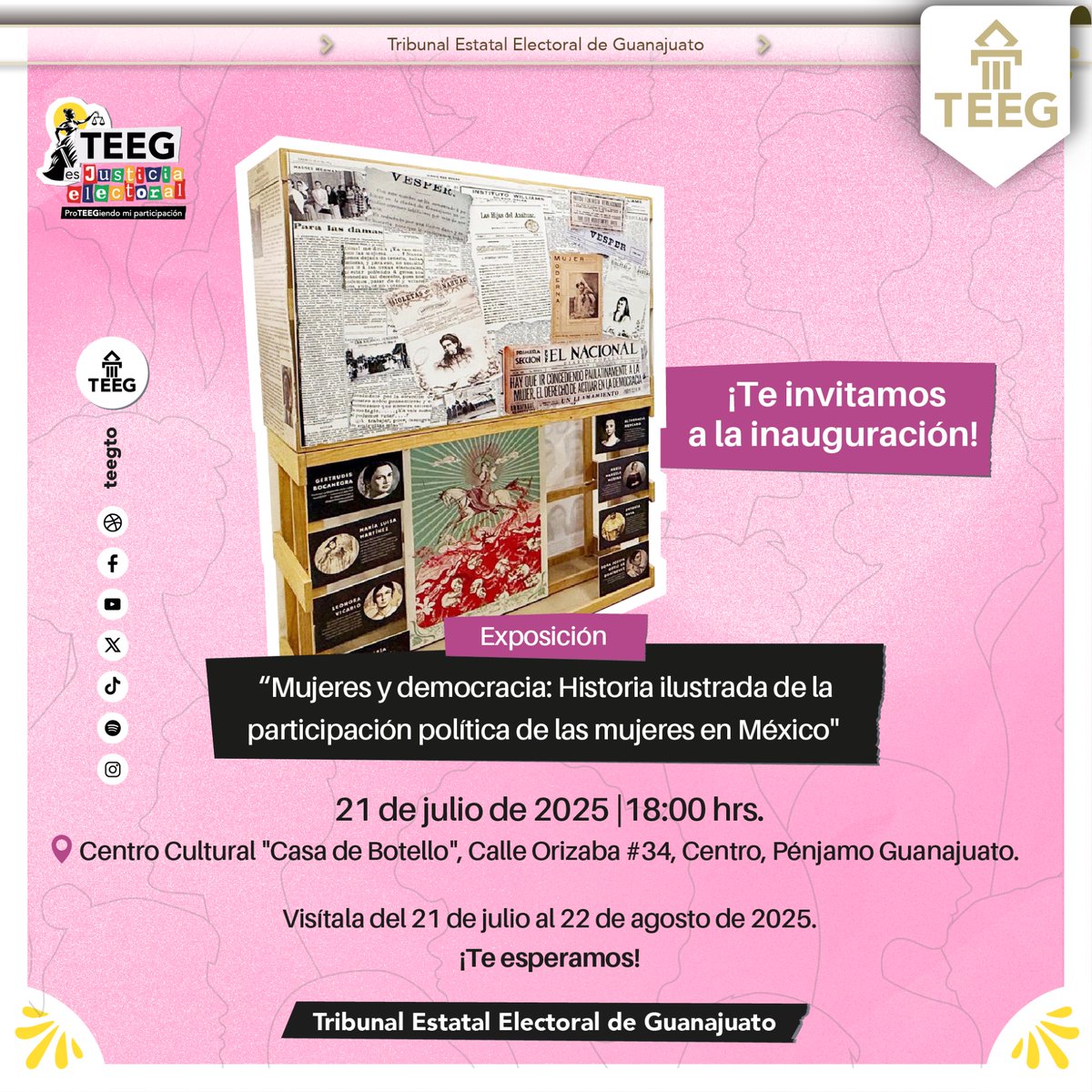 🖼️| Te invitamos a la exposición “Mujeres y democracia: Historia  ilustrada de la participación política de las mujeres en México” que se exhibirá en Casa Botello ubicada en Pénjamo, Guanajuato, del 21 de julio al 22 de agosto de 2025.

#TEEGesJusticiaElectoral ⚖️🗳️