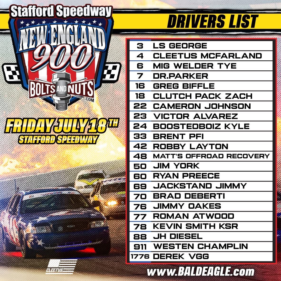 AnnouncerJake's tweet image. Excited to get the chance to join @LarryMac28 once again on the call for #CleetusMcFarlands #NewEngland900 Pres. by BoltsandNuts.com @StaffordSpeedwy this Fri. July 18th at 6pm est. live on #FRDM+
