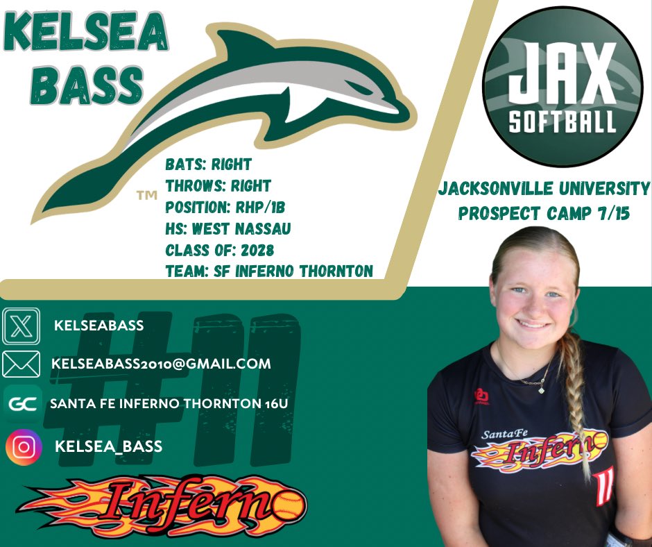 Excited to attend the Jacksonville University Pitching Prospect Camp! Ready to learn, compete, and grow alongside some top talent at the Debbie &amp; Fred Pruitt Softball Complex. Let’s go, #JUPhinsUp
<a href="/JAXCoachE/">Erica Ayers</a> <a href="/HolliMitchell8/">Holli Mitchell</a> <a href="/jakesidwell29/">Jake Sidwell</a> @millietjax