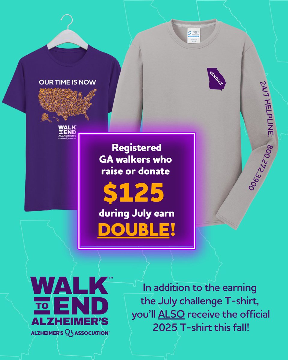 AlzGA's tweet image. Getting an early start on your #Walk2EndAlz fundraising is DOUBLY rewarding! By raising $125 during July, you’ll not only get our special dri-fit state T-shirt… you’ll also receive this year’s official Walk T-shirt this fall! Get started today at georgiawalk.org!