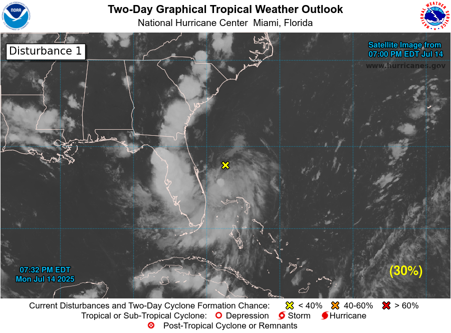 TropicScope's tweet image. We now have an orange with #93L with development being increased to a 30/40 with disorganized showers/tstorms to the south of the center. conditions appear generally favorable if it stays off of land after crossing florida, recon might fly tomorrow, but depends on timing.