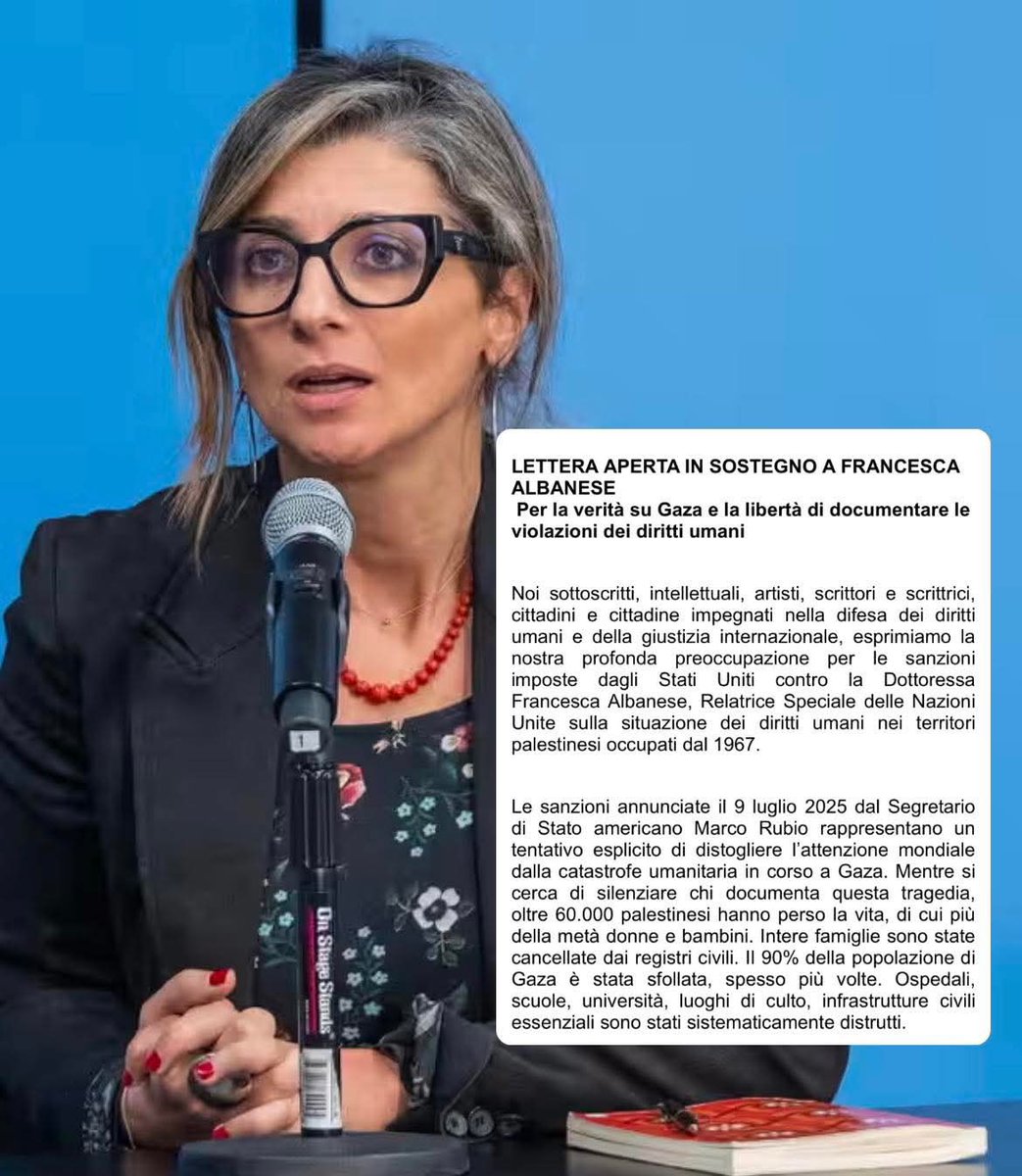 Il mondo della cultura, della musica e dello spettacolo si è stretto attorno a Francesca Albanese.

Lo ha fatto con una lettera aperta scritta e firmata da ottanta grandi personalità italiane tra attori, registi, cantanti, intellettuali,che hanno sottoscritto l’appello lanciato⏬