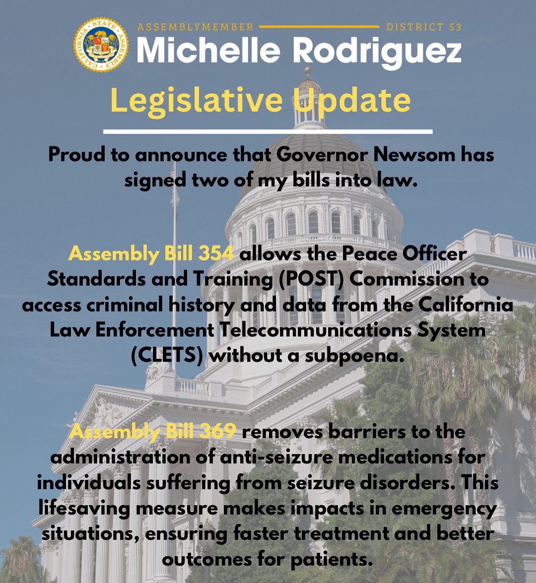 AsmMRodriguez's tweet image. Legislative update: Thank you to Governor Newsom for signing two of my bills into law. Together, we’re delivering real results for all Californians. #ad53 #caleg
