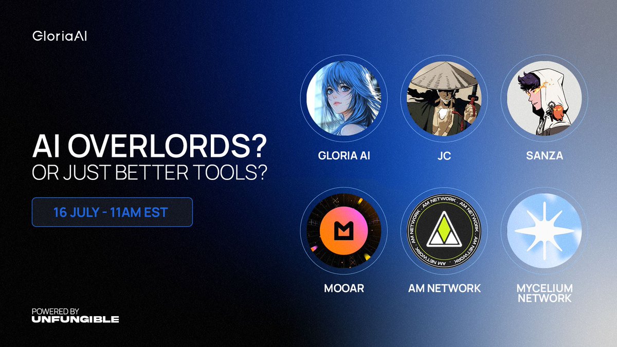 Join $GLORIA for another X Spaces this Wednesday to talk about 

"AI Overlords? Or Just Better Tools?"   

🗓 Wednesday, July 16th, 11am EST     

📷 Featuring special guests:
<a href="/mooarofficial/">MOOAR</a>
<a href="/am_n3twork/">𝗔𝗠</a>
<a href="/mycelium_io/">Mycelium Network ✷</a> 

Hosted by: <a href="/itsgloria_ai/">Gloria AI</a>, <a href="/j0hnchen/">JC</a> &amp; <a href="/Sanza/">Sanza</a>
Set your