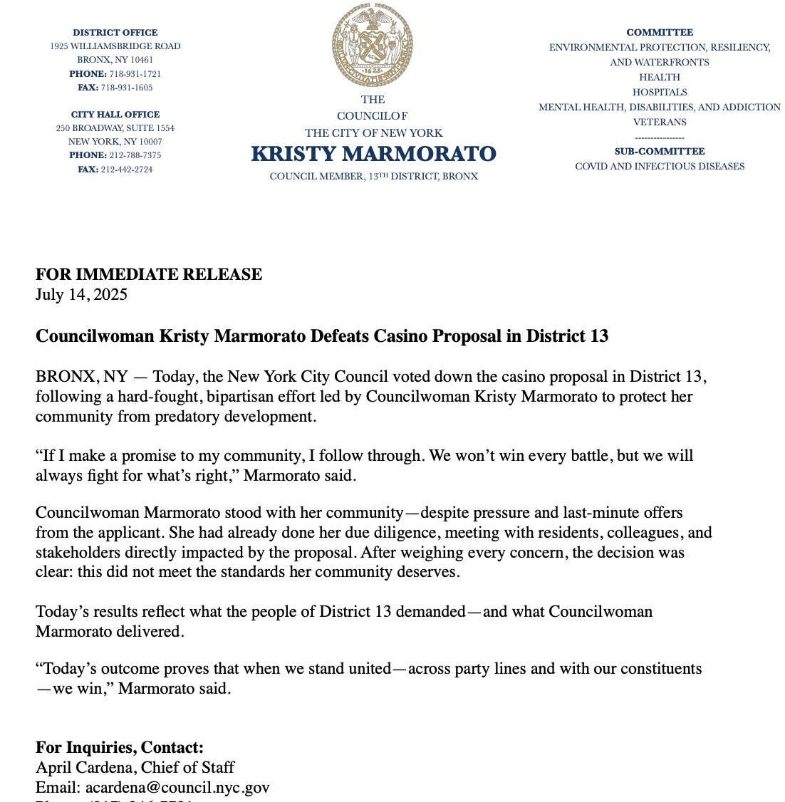 KristyMarmorato's tweet image. FOR IMMEDIATE RELEASE:
Councilwoman Kristy Marmoratoโs press release regarding todayโs down vote of Ballyโs Proposed Casino