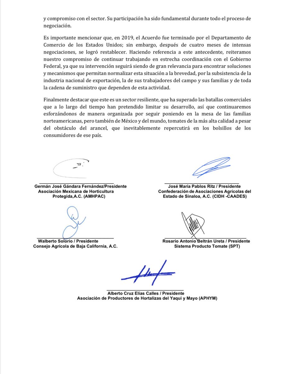 APHYM2's tweet image. En 2019, con 4 meses de aranceles, logramos restablecer, Asociaciones y Gob. Federal “El Acuerdo de Suspensión del Tomate Mexicano Vers 2019-2024”

Fundamental la coordinación con el gobierno federal para lograrlo @Agricultura_mex @JulioBerdegue @SE_mx @m_ebrard @Claudiashein