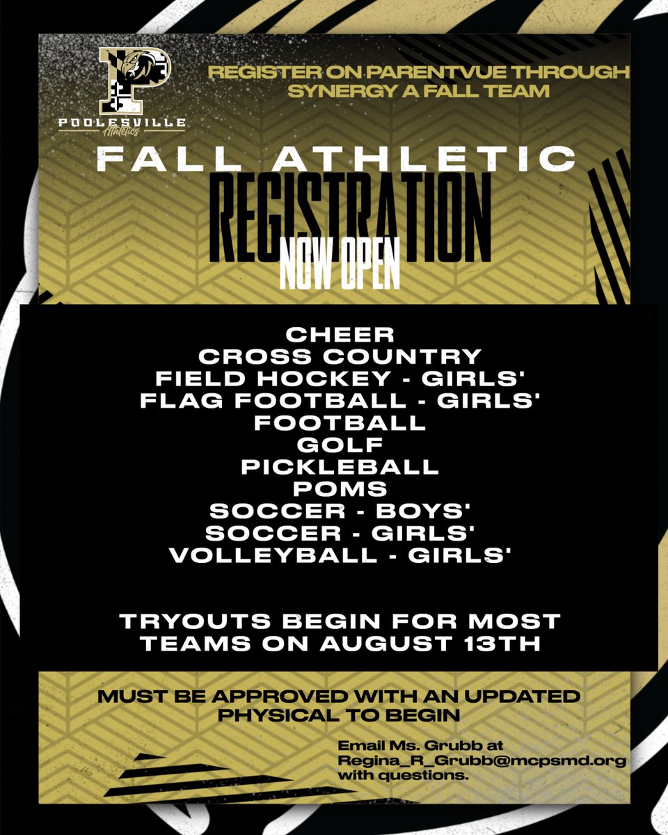 Poolesville AD (@phsfalcons18) on Twitter photo Fall Athletic Registration is now OPEN!
Email Ms. Grubb @ Regina_R_Grubb@mcpsmd.org with questions.
<a href="/mrcarothersphs/">Mark A. Carothers</a> <a href="/phsathletics/">PHS Athletics</a> Fall Athletic Registration is now OPEN!
Email Ms. Grubb @ Regina_R_Grubb@mcpsmd.org with questions.
<a href="/mrcarothersphs/">Mark A. Carothers</a> <a href="/phsathletics/">PHS Athletics</a>