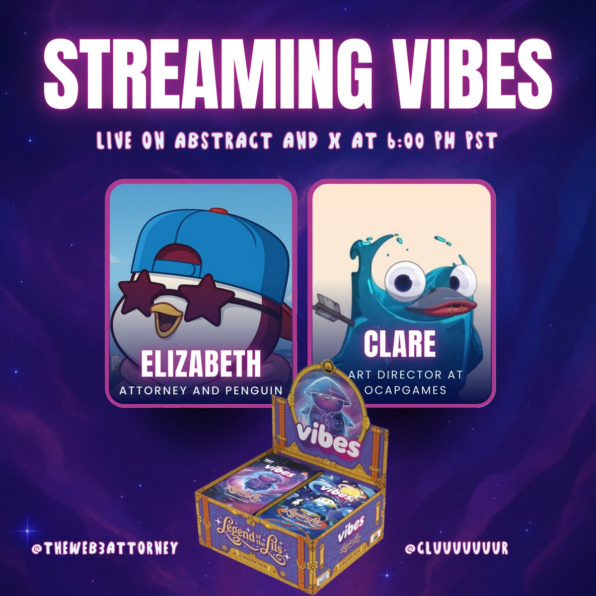 Join me and <a href="/cluuuuuuur/">clur</a> on stream tonight (6:00 pm PST) as we talk all things <a href="/vibes_tcg/">Vibes (Pudgy TCG)</a>, the new Legend of the Lils set, and more! 🐧🔥
Drop your questions live in the chat or right here in the comments 👇
We’ll be vibing and diving into Clare’s amazing art! 🎨✨