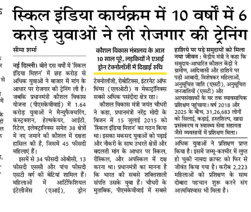 #Skillindia में  6 करोड़ युवाओं को रोजगार की ट्रेनिंग <a href="/MSDESkillIndia/">Skill India</a> ने #pmkvy में 1.64करोड़ को कौशल प्रशिक्षण दिया 45% वूमेन में #obc 34% #sc13% #st5% हैं। 31 लाख हाशिए वर्ग के युवाओं को लाभ <a href="/AmarUjalaNews/">Amar Ujala</a> <a href="/narendramodi/">Narendra Modi</a> <a href="/PMOIndia/">PMO India</a>
<a href="/EduMinOfIndia/">Ministry of Education</a> <a href="/jayantrld/">Jayant Singh</a> <a href="/PIB_India/">PIB India</a>  #newindia