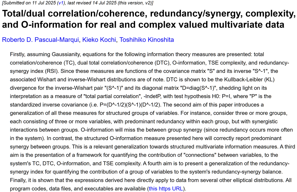 Pascual_Marqui's tweet image. Preprint: Equations/generalizations for TC, DTC, RSI, O-information, and TSE-complexity for multivar real/cmplx data. How “connections” contribute to system inf measures.
Helpful comments and reports on errors are appreciated.
arXiv: 2025-07-11
doi.org/10.48550/arXiv…