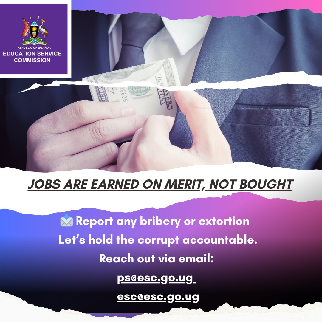 📢 Report Extortion in Confidence
If you have any information regarding individuals extorting money from job applicants:
📩 Reach out via email:
📧 ps@esc.go.ug
📧 esc@esc.go.ug
Your voice can help us uphold integrity &amp; ensure a fair recruitment. <a href="/ps_lukwago/">Dr. Asuman Lukwago</a> <a href="/BukenyaLillian/">Lillian Bukenya</a>