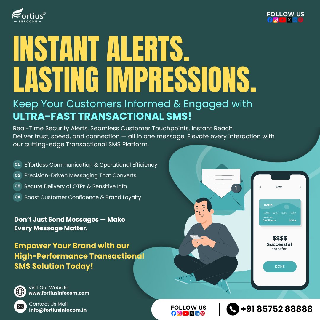 fortiusinfocom's tweet image. 🔔 𝗥𝗘𝗔𝗟-𝗧𝗜𝗠𝗘 𝗨𝗣𝗗𝗔𝗧𝗘𝗦 𝗧𝗛𝗔𝗧 𝗕𝗨𝗜𝗟𝗗 𝗧𝗥𝗨𝗦𝗧!
💳 𝗣𝗮𝘆𝗺𝗲𝗻𝘁 𝗔𝗹𝗲𝗿𝘁𝘀 | 📦 𝗦𝗵𝗶𝗽𝗺𝗲𝗻𝘁 𝗨𝗽𝗱𝗮𝘁𝗲𝘀 | 📬 𝗗𝗲𝗹𝗶𝘃𝗲𝗿𝘆 𝗦𝘁𝗮𝘁𝘂𝘀
🚀 Boost engagement with Transactional SMS!
📞 +91 8572 88888
🔗 fortiusinfocom.com/bulk_sms
#TransactionalSMS
