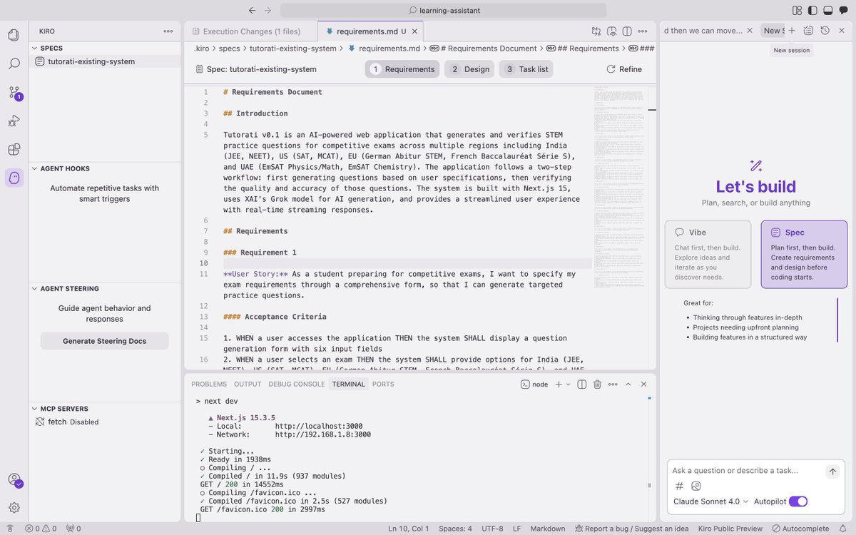 Nimish (@anthropiast) on Twitter photo trying out kiro, amazon’s new ai ide, and i’m really liking the ui and features
→ the spec mode is super intuitive for making PRDs
→ it starts by locking in requirements, design, and tasks before building
→ the agent hooks are great for automating repetitive stuff - you just trying out kiro, amazon’s new ai ide, and i’m really liking the ui and features
→ the spec mode is super intuitive for making PRDs
→ it starts by locking in requirements, design, and tasks before building
→ the agent hooks are great for automating repetitive stuff - you just