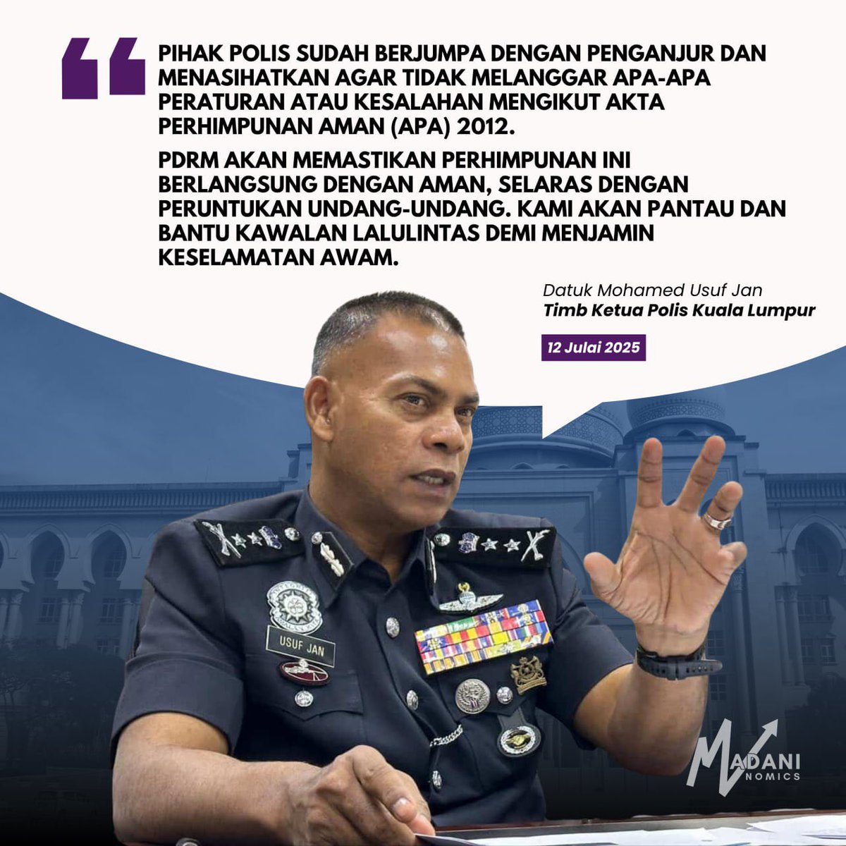 MadaniNomics's tweet image. MNNews 🌐 Perhimpunan Badan Peguam: Polis Sah Terima Permohonan, 105 Anggota Ditugaskan Kawal Keselamatan
@PDRMsia mengesahkan telah menerima permohonan rasmi daripada Badan Peguam Malaysia berhubung perhimpunan aman membela kebebasan kehakiman yang dijadual berlangsung di…