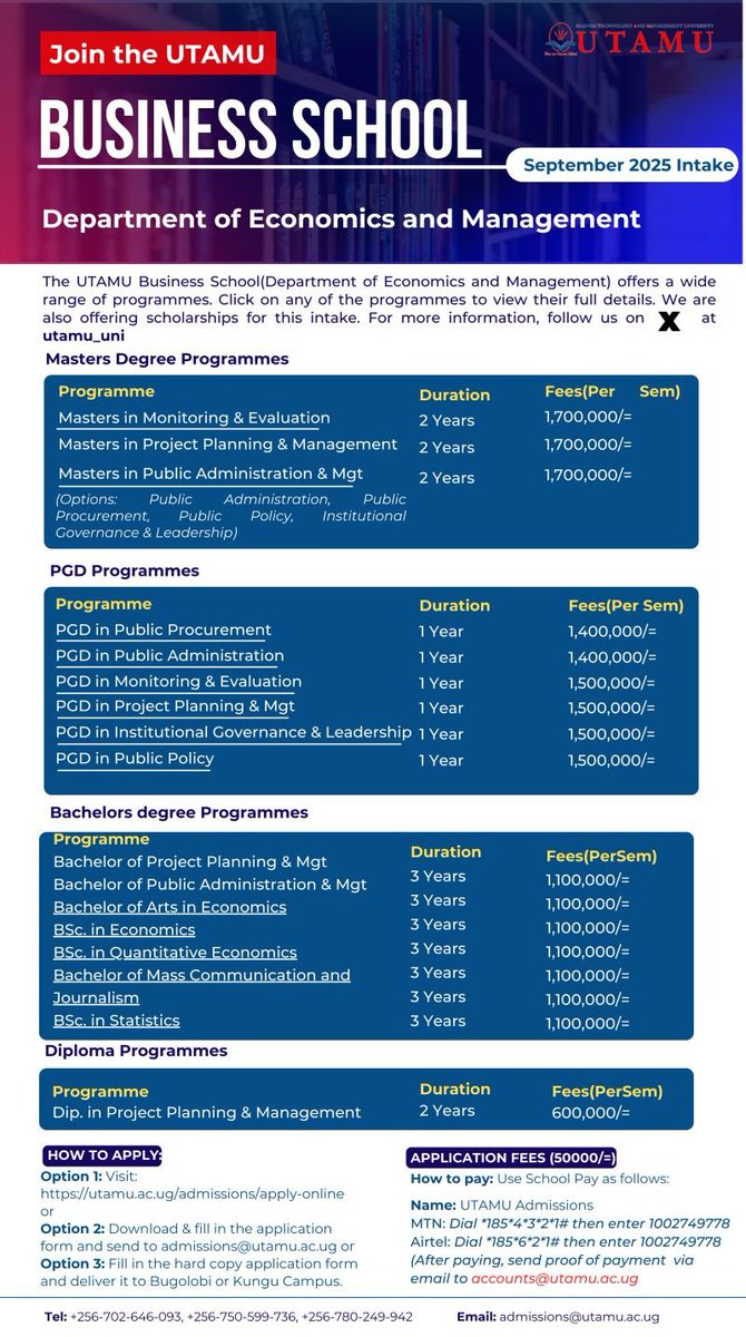 Mark the application deadline: 1st August 2025!!
Call for applications for the September intake!!! Uganda Technology and Management University (UTAMU) offers industry-relevant programs designed to equip you with critical thinking, problem-solving, and leadership skills.  Graduate