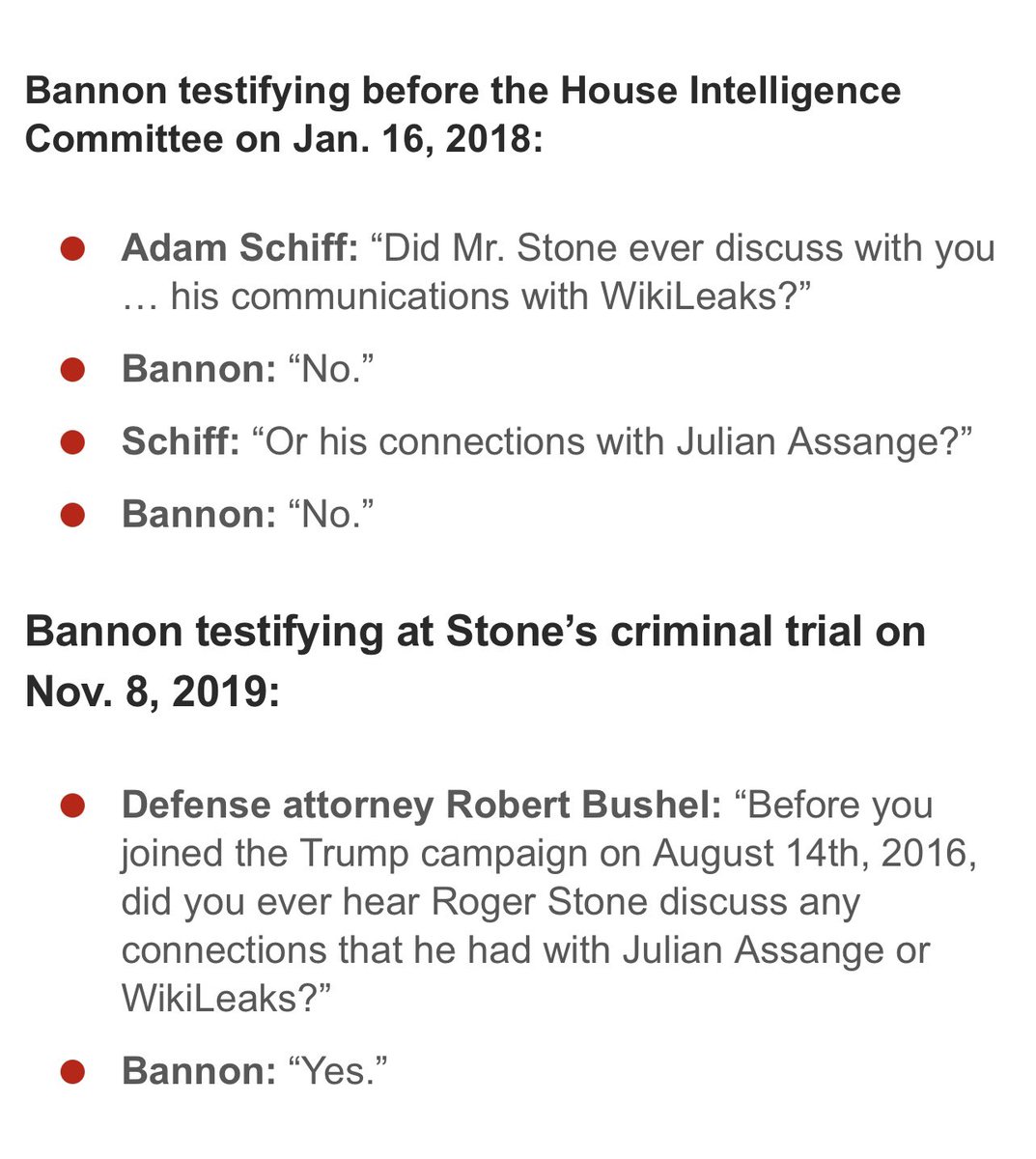 I was shocked when Robert Mueller produced Steve Bannon as a government witness at my trial. I was even more shocked when his sworn testimony on the stand completely contradicted his sworn testimony before the House Intelligence Committee