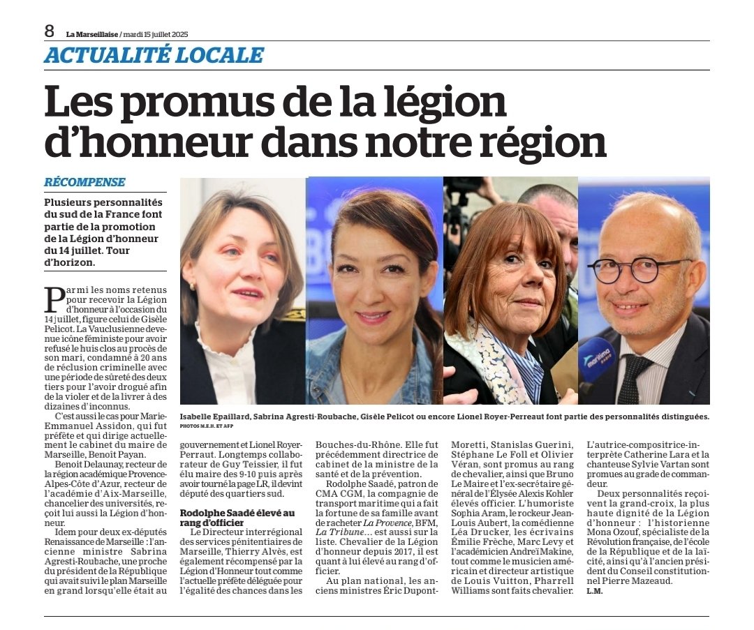 🎖 Félicitations aux promus de la Légion d'honneur !
👏 Respect à <a href="/SabrinaRoubache/">Sabrina Agresti-Roubache</a>  et <a href="/RoyerPerreaut/">Lionel Royer-Perreaut</a> , incarnations d’un engagement fort pour notre région.
🙏 Une pensée pour #GiselePelicot , symbole de courage.
#LégiondHonneur #Sud #Marseille