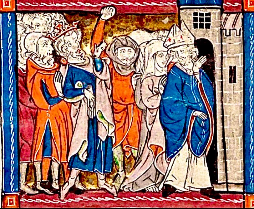 MedMilMedicine's tweet image. Your over enthusiastic cheer accidentally becomes the upper-cut that knocks the king out…and suddenly it’s time you left town - early 14th century, British Library, Add. MS 10292, f. 60v
