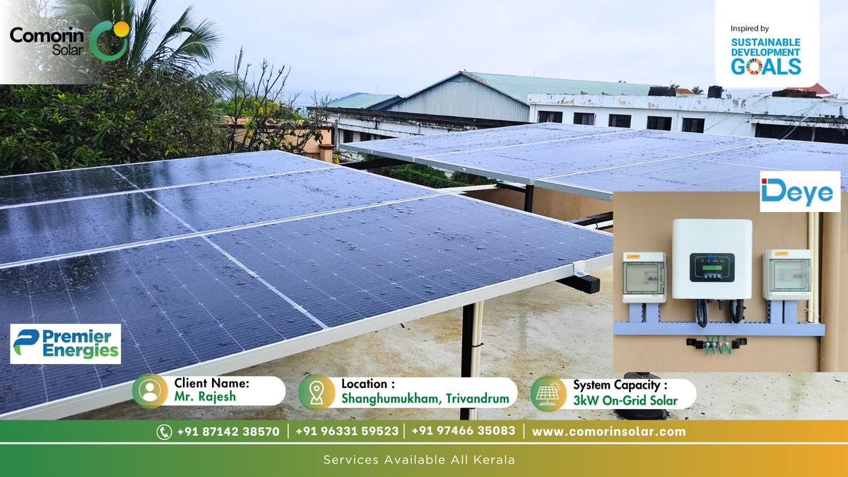 COMORINSOLAR1's tweet image. Customer Name : Mr. Rajesh, Shanghumukham, Trivandrum
👉 Project Specification — 3KW On-Grid Solar Plant
👉 Inverter —  Deye New Energy Inverter
👉 Solar Panel — Premier Energies 540Wp Panel 

#energy #EnergyStorage #netzero #solarpower #solarsystem #ClimateAction #Kerala