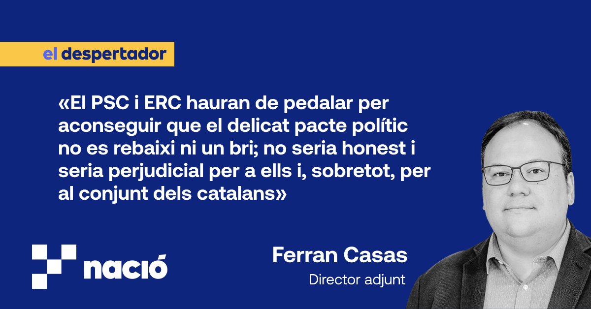NacióDigital (@naciodigital) on Twitter photo 🗣️ «El PSC, que ahir posava bona cara, i ERC hauran de pedalar per aconseguir que el delicat pacte polític no es rebaixi ni un bri; no seria honest i seria perjudicial per a ells i, sobretot, per al conjunt dels catalans»
✍️ El despertador de <a href="/Ferrancm/">Ferran Casas</a>
naciodigital.cat/el-despertador… 🗣️ «El PSC, que ahir posava bona cara, i ERC hauran de pedalar per aconseguir que el delicat pacte polític no es rebaixi ni un bri; no seria honest i seria perjudicial per a ells i, sobretot, per al conjunt dels catalans»
✍️ El despertador de <a href="/Ferrancm/">Ferran Casas</a>
naciodigital.cat/el-despertador…