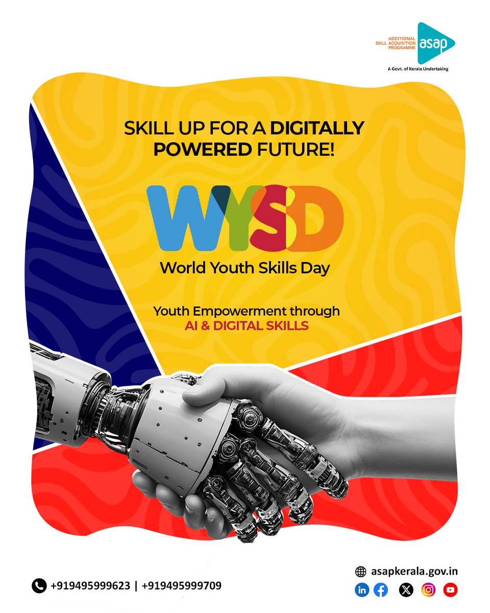 asap_kerala's tweet photo. Wishing all young minds for their skills to pave the way for success and positive impact! This World Youth Skills Day, we celebrate the unstoppable energy of youth- empowered by AI and Digital Skills.

#WorldYouthSkillsDay #WYSD2025 #skilldevelopment #learnwithASAP #ASAPKerala https://t.co/P2pmgLmNWi