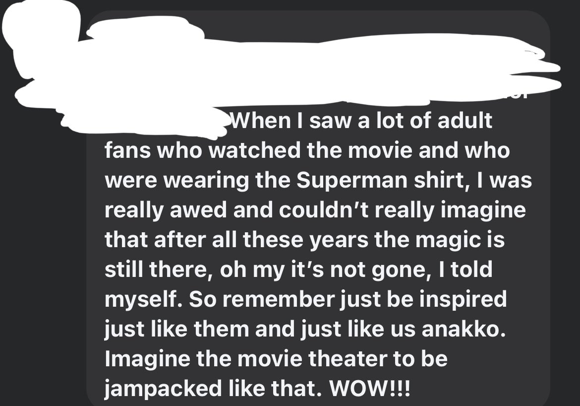 blkcrmsn's tweet image. i brought my grandma to watch #Superman with me during the early screening and this is what she said on fb
(had to cover personal parts of the comments)