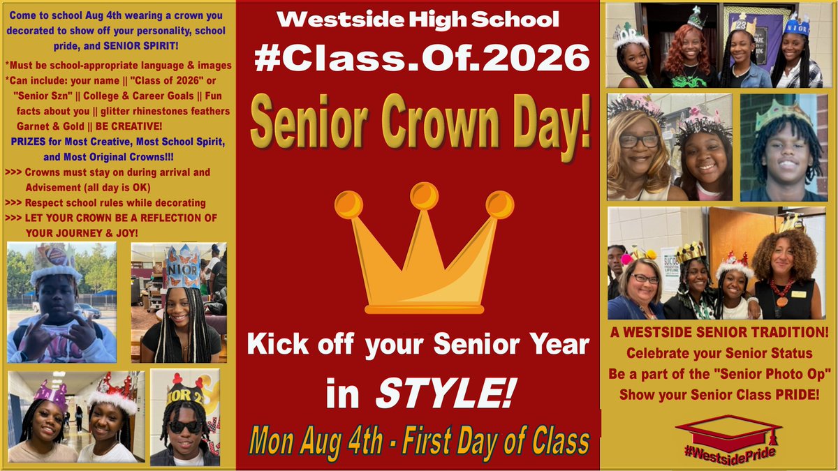 WHS_Seminoles's tweet image. SENIOR CROWN DAY &amp;gt; Seniors (only) should come to school on the first day of class August 4th wearing a crown they designed and decorated that shows off their personality, school pride, &amp;amp; Senior Spirit! PRIZES! #Built4Bibb #WestsidePride #ClassOf2026 #SeniorSpirit #NewSchoolYear
