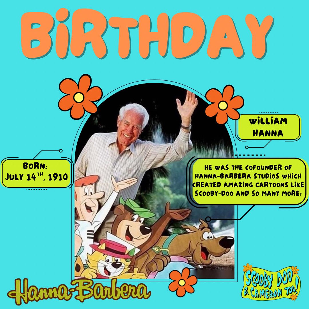 Happy Birthday to the legendary William Hanna, born on July 14, 1910. An iconic American animator and co-founder of Hanna-Barbera Studios, Mr. Hanna brought countless beloved cartoons to life, including Tom and Jerry, The Flintstones, Yogi Bear, Jonny Quest, and Scooby-Doo. His