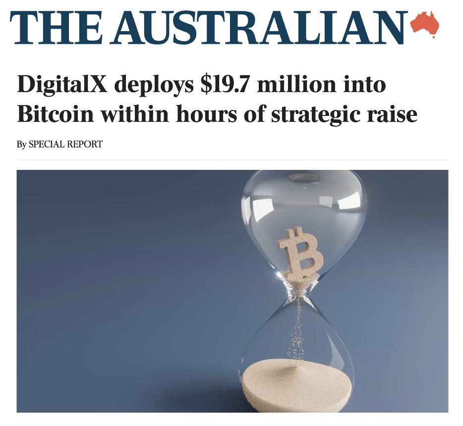 DigitalXLtd's tweet image. We’re pleased to see The Australian cover our latest milestone, the swift deployment of $19.7 million into Bitcoin, aligned with our Bitcoin-first treasury strategy.
It’s great to see our approach gaining recognition as we continue building Australia’s premier listed vehicle for…