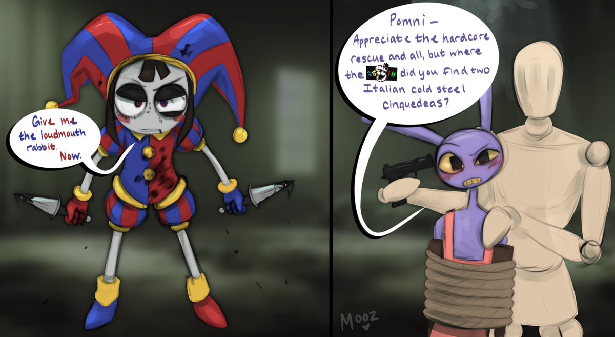 HelluvaMooz's tweet photo. Digital Circus brainrot meets a very niche Drawfee brainrot reference. I have no further explanation. 🤷♀️
#TADC #funnybunny #drawfee #italiancoldsteelcinquedeas https://t.co/vLmiKsZg50