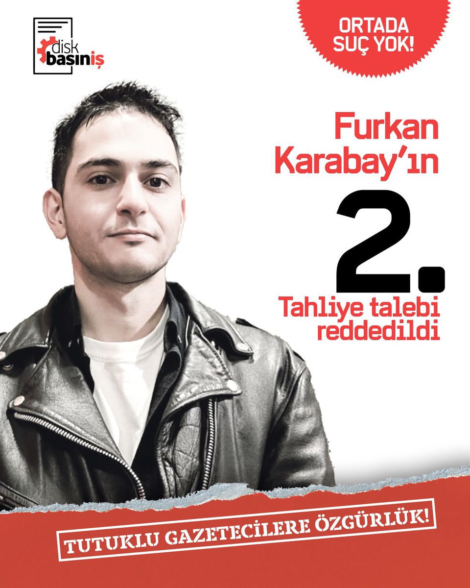 Üyemiz Furkan Karabay’ın tahliye talebi, “kaçma ihtimali olduğu” iddiasıyla ikinci kez reddedildi. 

6️⃣2️⃣ gündür cezaevinde tutulan Furkan Karabay yalnızca “gazetecilik yaptığı” için tutuklu!

Bu hukuksuzluğa son verilmesini ve Furkan Karabay’ın derhal tahliye edilmesini talep