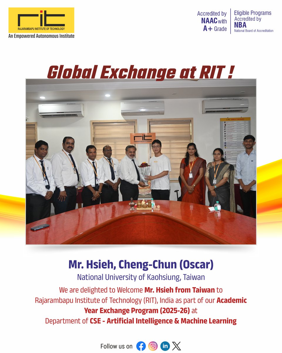 ritindia1983's tweet image. 🌏🤝 Excited to welcome Mr. Hsieh, Cheng-Chun (Oscar) from National University of Kaohsiung 🇹🇼 to RIT India 🇮🇳 under the 2025-26 Academic Exchange Program!
He joined the AI &amp;amp; ML Dept for a year of global learning &amp;amp; collaboration.
#RITGlobal #StudentMobility #NUK #AIandML