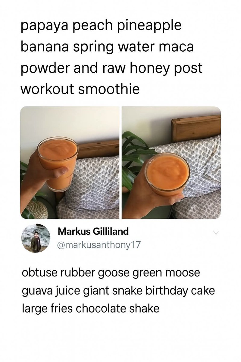 queenofthelov's tweet image. 🥤 When your smoothie recipe turns into a Dr. Seuss freestyle real quick.
Healthy vibes with a side of rhymes 🍑🍍🐍

#SmoothieLife #PostWorkoutFuel #HealthyHumor #ViralTweets #PapayaPower #DrSeussVibes #BreakfastLaughs #FitnessFun #RhymeTime #FoodieMeme
