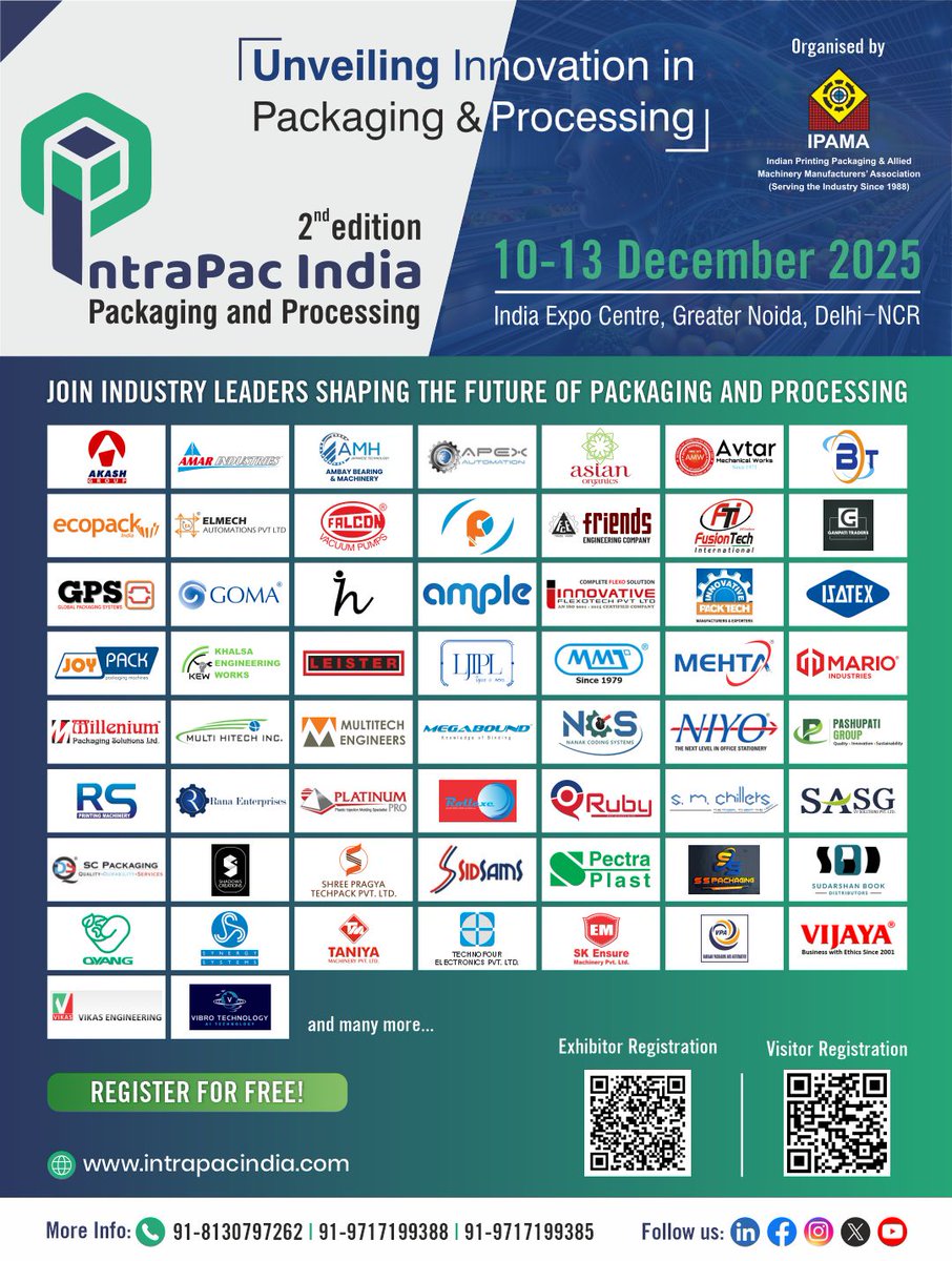 foodwebzine's tweet image. Join industry leaders in shaping the future of packaging and processing at IntraPac India 2025.

#IntraPacIndia2025, #packaginginnovation, #processingtechnology, #futureofpackaging, #smartpackaging, #sustainablepackaging, #foodprocessingexpo, #packagingexpoindia,