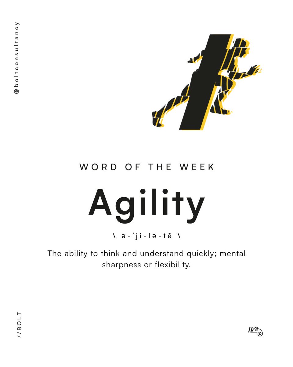 BoltConsultancy's tweet photo. Agility

/ə-ˈji-lə-tē/ (noun)

The ability to think, adapt, and move with purpose — especially when the future won’t sit still.

#ReadySetBOLT #Agility #WordOfTheWeek #InnovationInMotion #BOLTConsultancy #FutureReady #StrategicSpeed https://t.co/8wzgKy0jEj