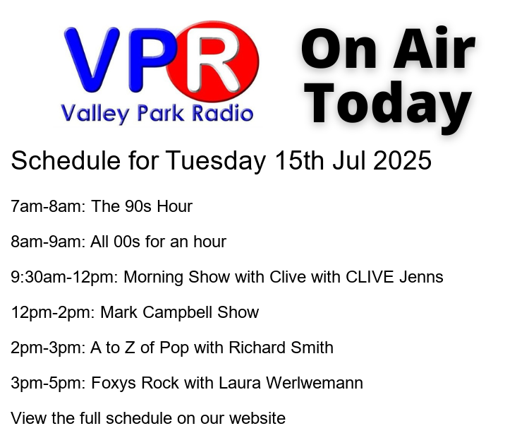 📻 #OnAir today:
🕖 7am: One hour of back to back hits from the 90s.
🕗 8am: All 00s for an hour
🕤 9:30am: Morning Show with Clive with Morning Show 9.30-12 weekdays
Sponsored by 

🕛 12pm: T...

#HospitalRadio #OnAir #ListenLocal #ValleyParkRadio

bit.ly/vprweb