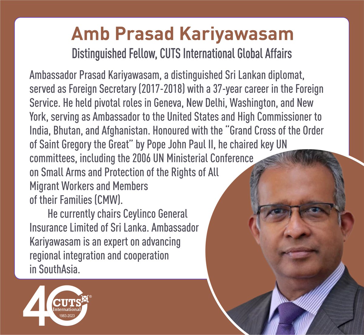 CUTS Global Affairs (@cutsglobal) on Twitter photo We welcome Ambassdor Prasad Kariyawasam, a distinguished Sri Lankan diplomat, served as Foreign Secretary (2017-2018) with a 37-year career in the Foreign Service.
#CUTSInternational
<a href="/Psm_cuts/">Pradeep S. Mehta</a> <a href="/KariyawasamP/">Prasad Kariyawasam</a> <a href="/puru_354/">Purushendra singh (Puru/Pierre)</a> <a href="/asw_cuts/">Anjali Shekhwat</a> <a href="/dhb_cuts/">Dhruv Bansal</a> We welcome Ambassdor Prasad Kariyawasam, a distinguished Sri Lankan diplomat, served as Foreign Secretary (2017-2018) with a 37-year career in the Foreign Service.
#CUTSInternational
<a href="/Psm_cuts/">Pradeep S. Mehta</a> <a href="/KariyawasamP/">Prasad Kariyawasam</a> <a href="/puru_354/">Purushendra singh (Puru/Pierre)</a> <a href="/asw_cuts/">Anjali Shekhwat</a> <a href="/dhb_cuts/">Dhruv Bansal</a>