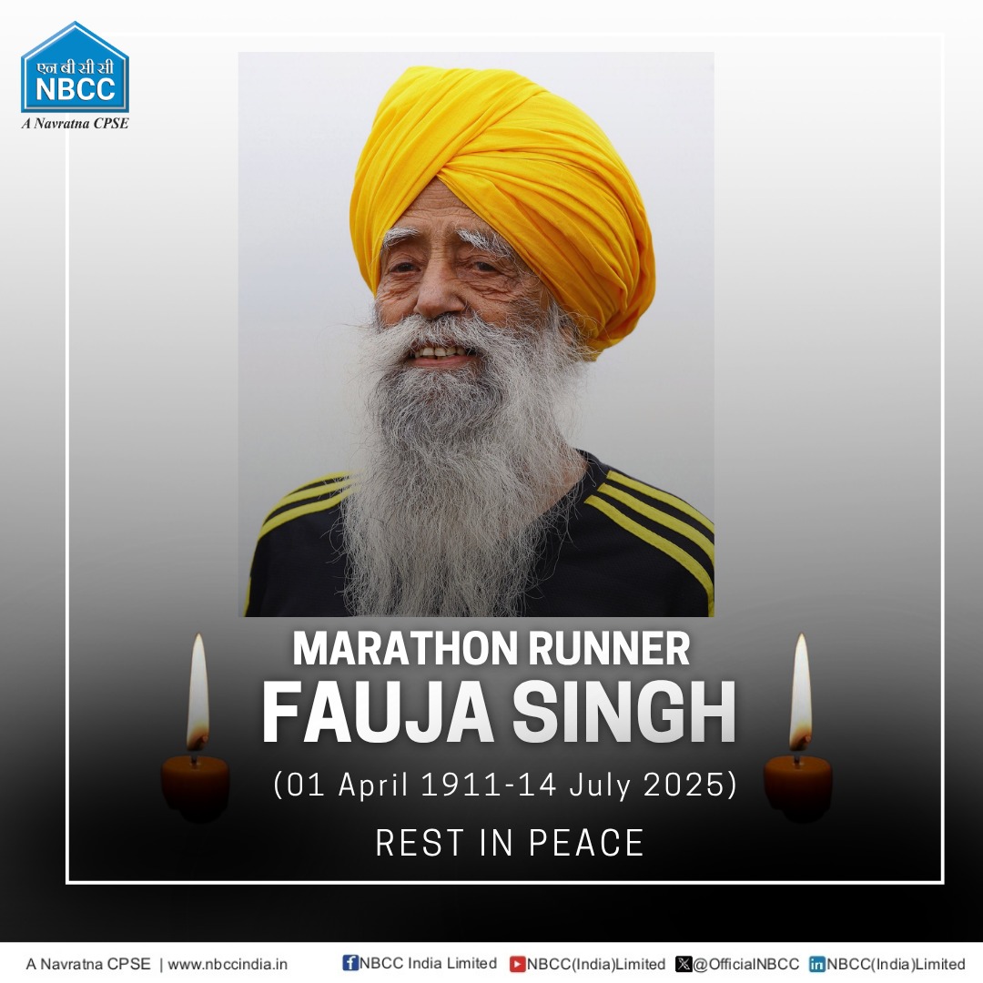 #NBCC pays heartfelt tribute to the iconic marathoner Fauja Singh Ji, who passed away today.
An embodiment of endurance, positivity, and lifelong fitness, he inspired generations across the globe.Our deepest condolences to his admirers and family.
#FaujaSingh  #Condolences