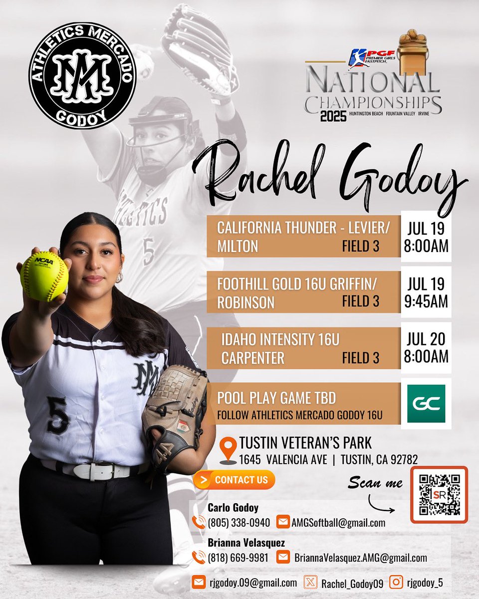 Rachel Godoy (@rachel_godoy09) on Twitter photo The big finale! @PGFNetwork National Championship tournament. Hoping to go out there and do what I can, send some OTF, and have fun with the girlies. If you’re in the area come out and watch a game (or two).
<a href="/amgodoysoftball/">Athletics Mercado Godoy</a> <a href="/coachcj317/">Coach CJ</a> <a href="/coachbri_amg/">Brianna Velasquez🥎</a> <a href="/NCSA_Softball/">NCSA Softball</a> The big finale! @PGFNetwork National Championship tournament. Hoping to go out there and do what I can, send some OTF, and have fun with the girlies. If you’re in the area come out and watch a game (or two).
<a href="/amgodoysoftball/">Athletics Mercado Godoy</a> <a href="/coachcj317/">Coach CJ</a> <a href="/coachbri_amg/">Brianna Velasquez🥎</a> <a href="/NCSA_Softball/">NCSA Softball</a>