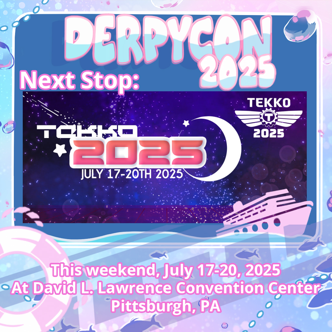 DerpyCon's tweet image. This weekend we will be at Tekko July 17-20! Come by for great panels,guests,cosplay,artists, &amp;amp; gaming. Drop by our table to get a free past DerpyCon badge, with a DerpyCon 2025 discount code! We hope to see you there! At the David L. Lawrence Convention Center in Pittsburgh, PA.
