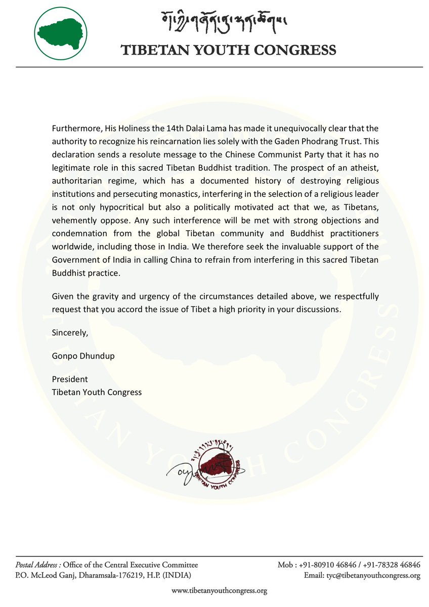 An Appeal to <a href="/DrSJaishankar/">Dr. S. Jaishankar</a>  Minister of External Affairs,we respectfully request to raise the Tibet issue with your Chinese counterpart, as resolving this matter is crucial for achieving lasting peace between India and China, two major Asian powers.
#talktibet #Tibetmatters