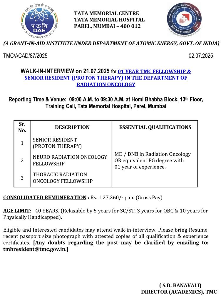 RadOncTMC's tweet image. 📢 WALK-IN-INTERVIEW | 21st July 2025

Applications invited for:
🔹 Senior Residency - Proton Therapy
🔹 Fellowships in Neuro &amp;amp; Thoracic Radiation Oncology

📆 21st July 2025
🕘 Reporting time 9:00 – 9:30 AM
📍 13th Floor, Homi Bhabha Block, @TataMemorial, Mumbai