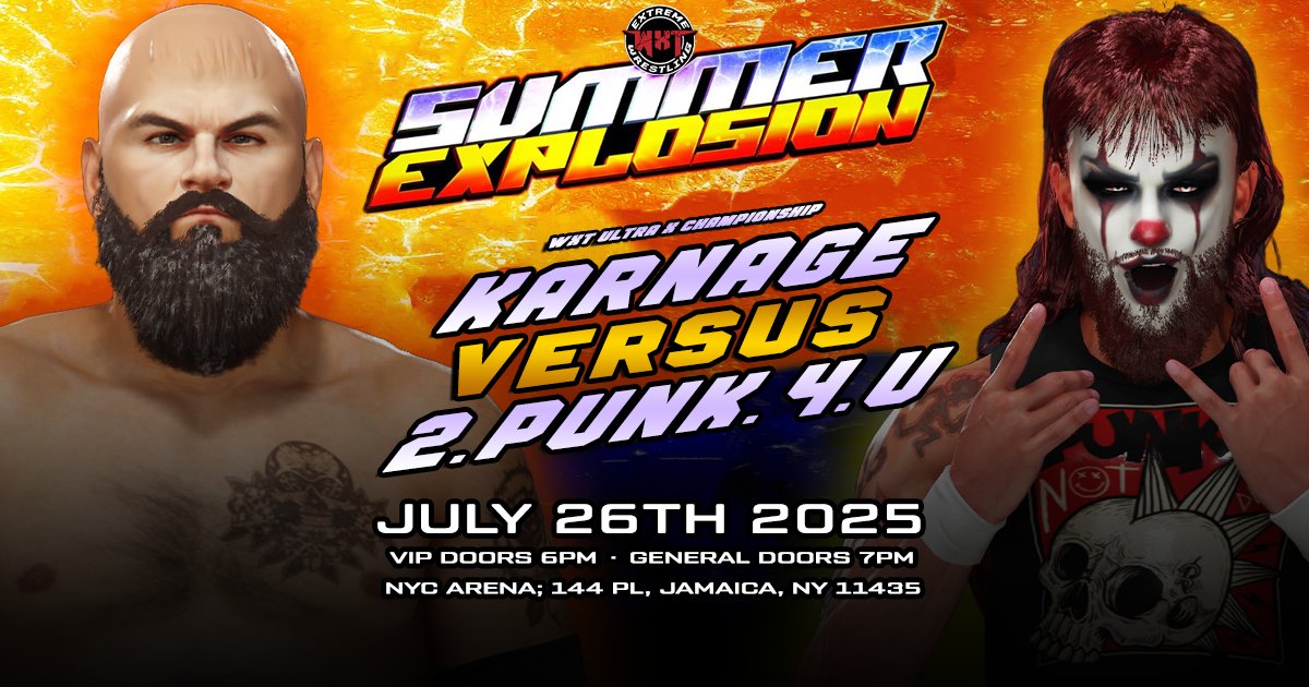 ☀️ SUMMER EXPLOSION 2025 ☀️

BREAKING: It's been signed off! Ultra X Champion KARNAGE looks to finally prove just why he holds the title, when he stands across the ring from 2.Punk.4.U - who comes out on top on July 26th at Summer Explosion?