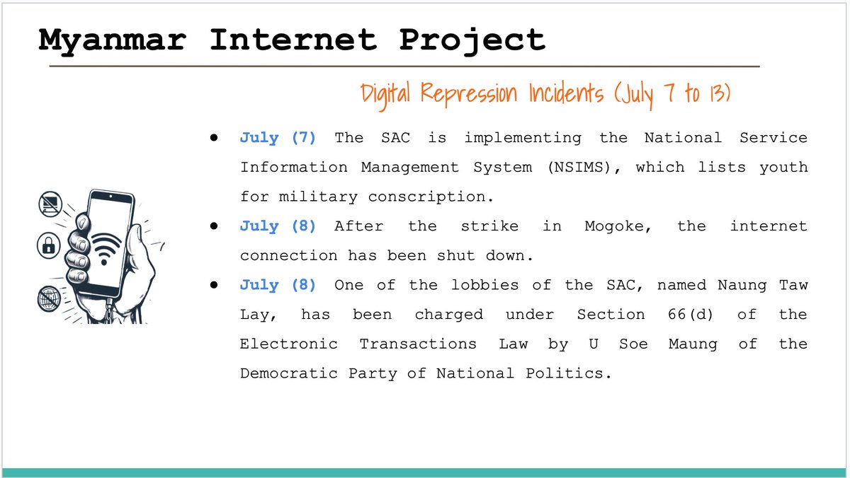 Myanmar_IP's tweet image. Digital Repression Incidents in Myanmar (July 7 to 13)
#FOE
#InternetShutDown
#Surveillance
#Digital_Repression
#WhatsHappeningInMyanmar
#KeepItOn
Full Report >>> myanmarinternet.info/digital-coup