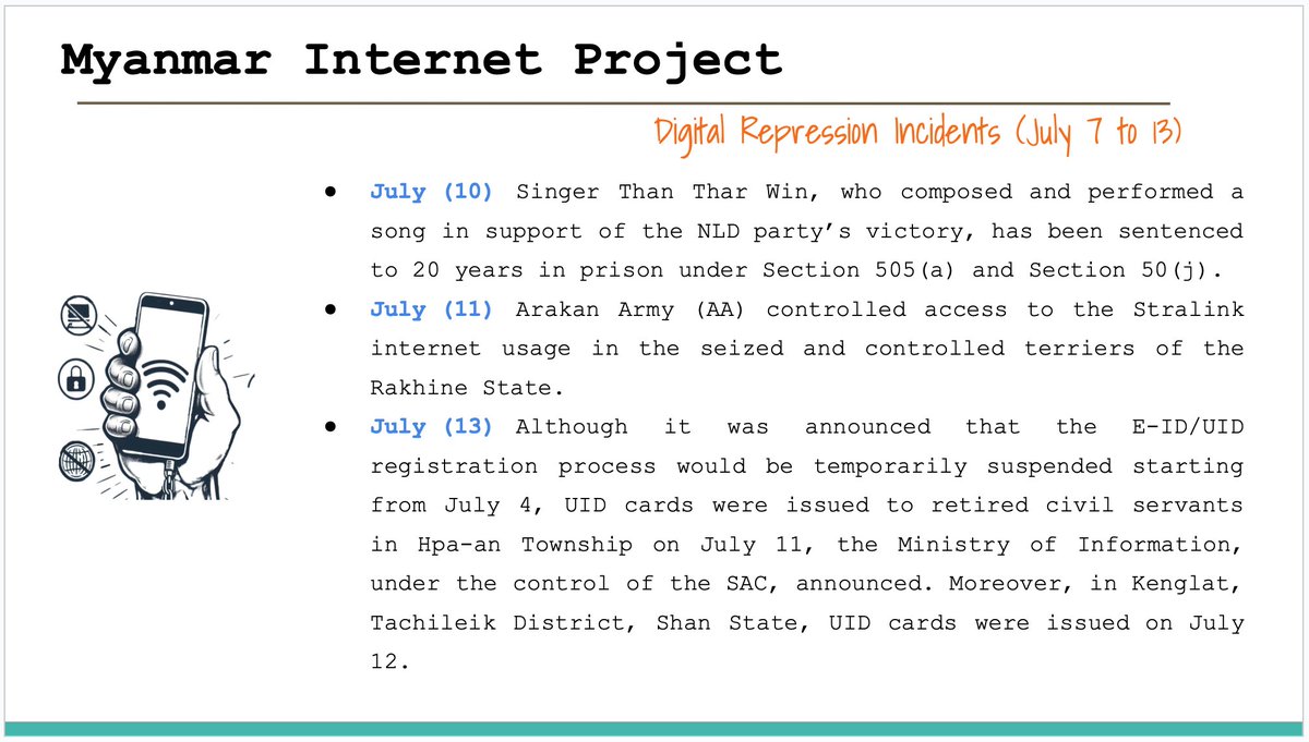 Myanmar_IP's tweet image. Digital Repression Incidents in Myanmar (July 7 to 13)
#FOE
#InternetShutDown
#Surveillance
#Digital_Repression
#WhatsHappeningInMyanmar
#KeepItOn
Full Report >>> myanmarinternet.info/digital-coup
