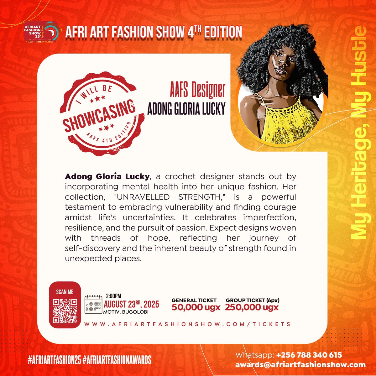 Afri Art Fashion Show 2025 

#DESIGNER_HIGHLIGHTS

Adong Gloria Lucky , a crochet designer stands out by incorporating mental health into her unique fashion. 

Her collection, "UNRAVELLED STRENGTH," is a powerful testament to embracing vulnerability and finding courage amidst