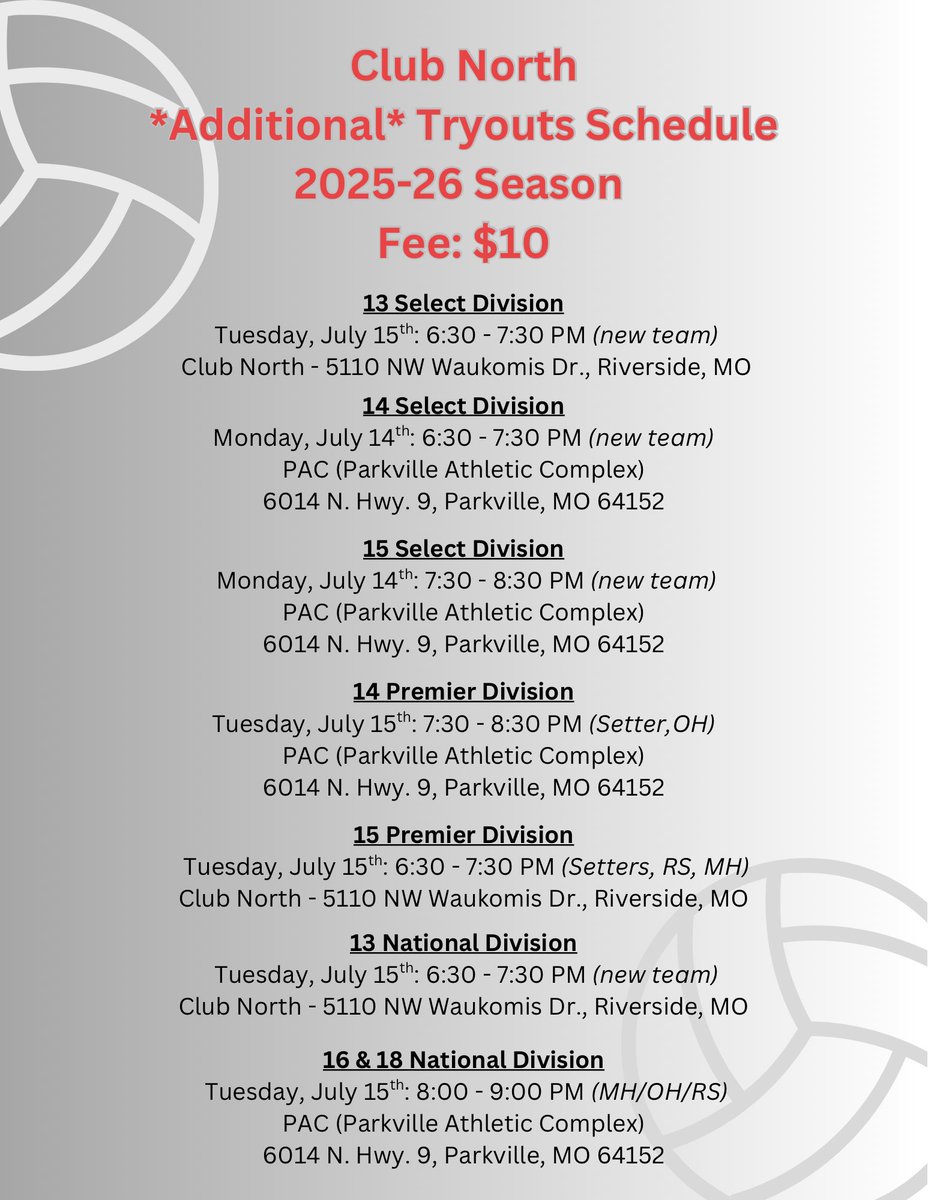 *UPDATED!! ADDITIONAL TRYOUT SCHEDULE*
We are still needing spots filled!!! Come see us if you’re still looking for a spot! ❤️🏐🖤