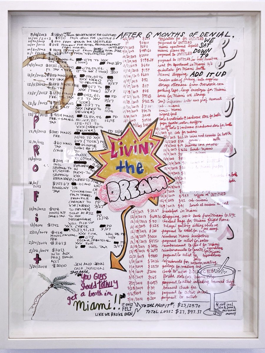 'Living the Dream (Auxiliary Projects Goes to Miami)' (2014) by Jennifer McCoy

The work meticulously tallies booth fees, travel, shipping and crating for a Miami fair — they ended up roughly $4,000 in the hole even though they sold $23,000 in art.